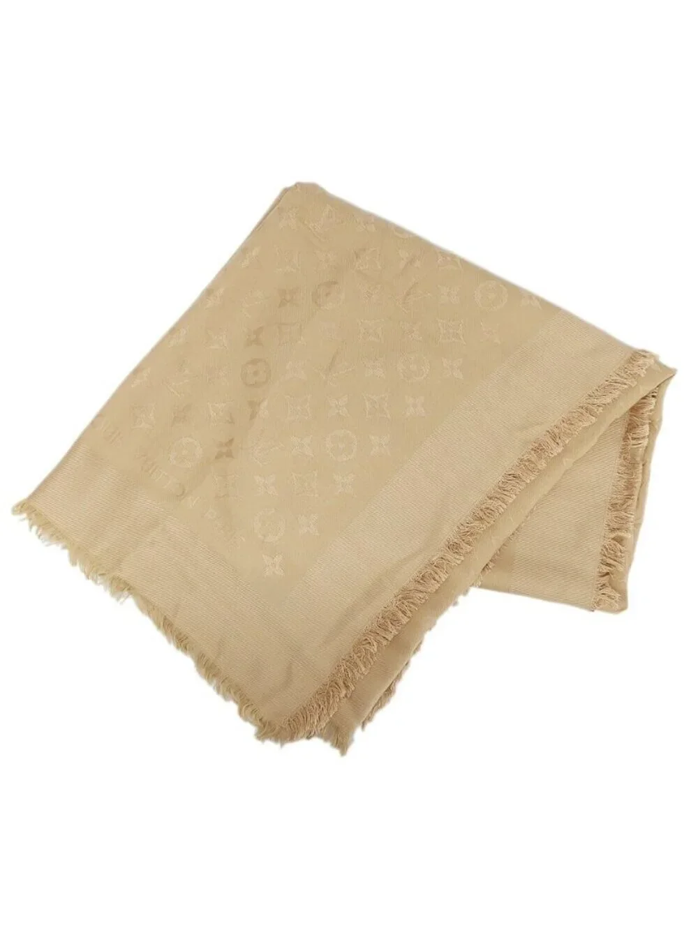 Louis Vuitton Heaven Shawl Large Monogram Fringe Silk Wool Beige Scarf